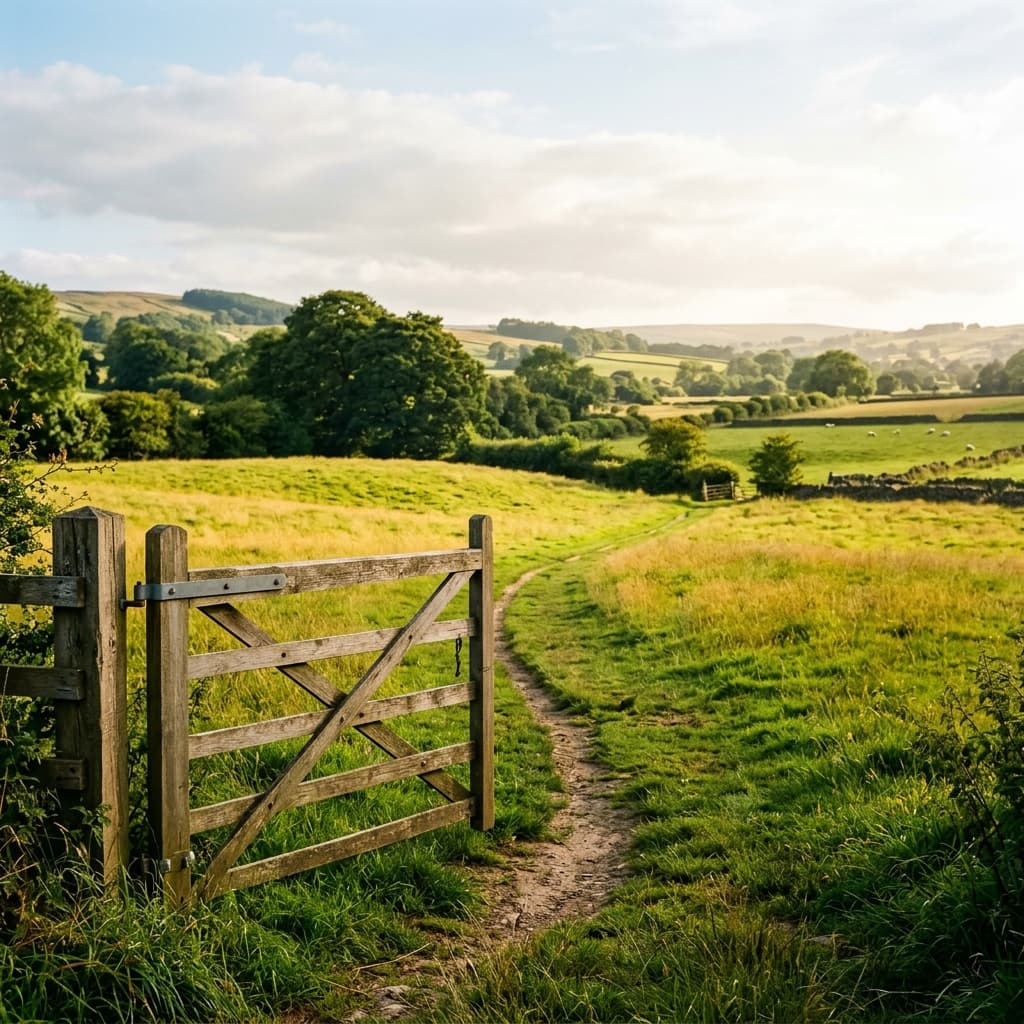 Sunlit pasture through open farm gate