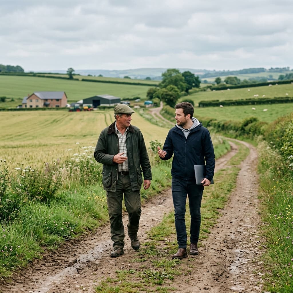 Two people walking on a farm track